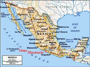 Mapa de México mostrando Zihuatanejo e Ixtapa