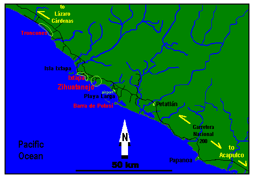 Mapa de Zihuatanejo, Ixtapa y Troncones en la costa de México